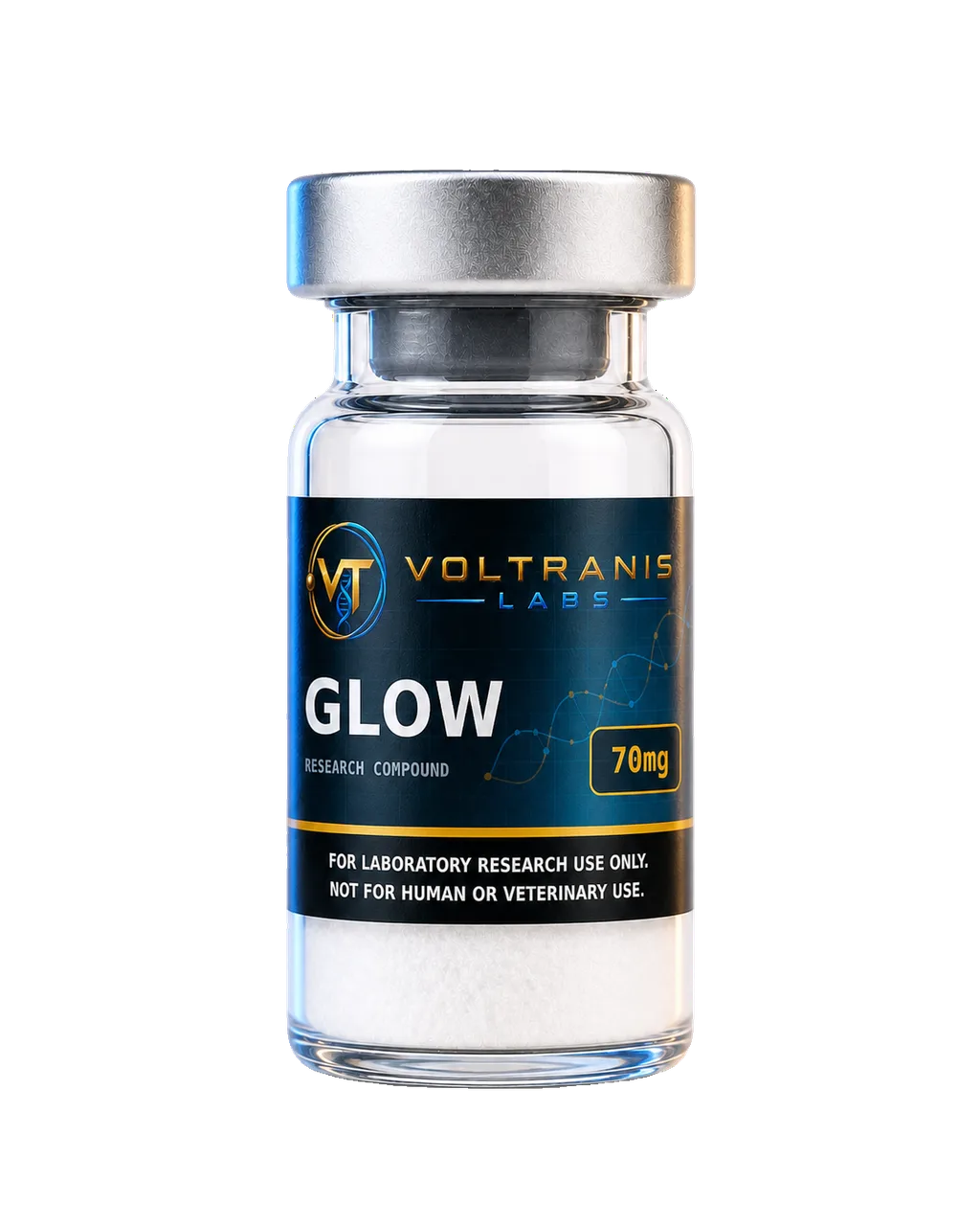 Glow 70mg — labelled vial, product photograph