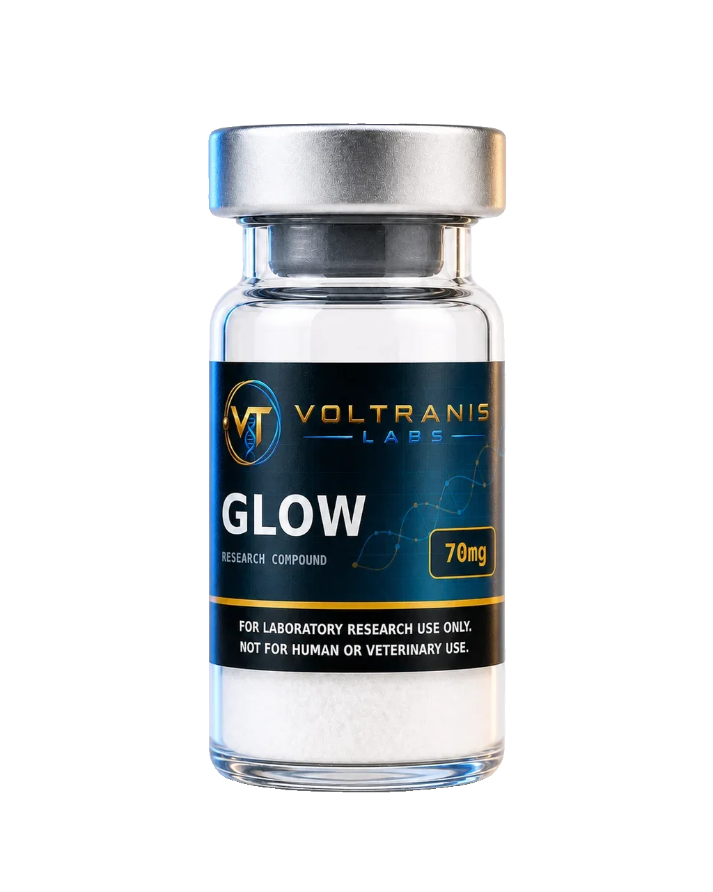 Glow 70mg — labelled vial, product photograph