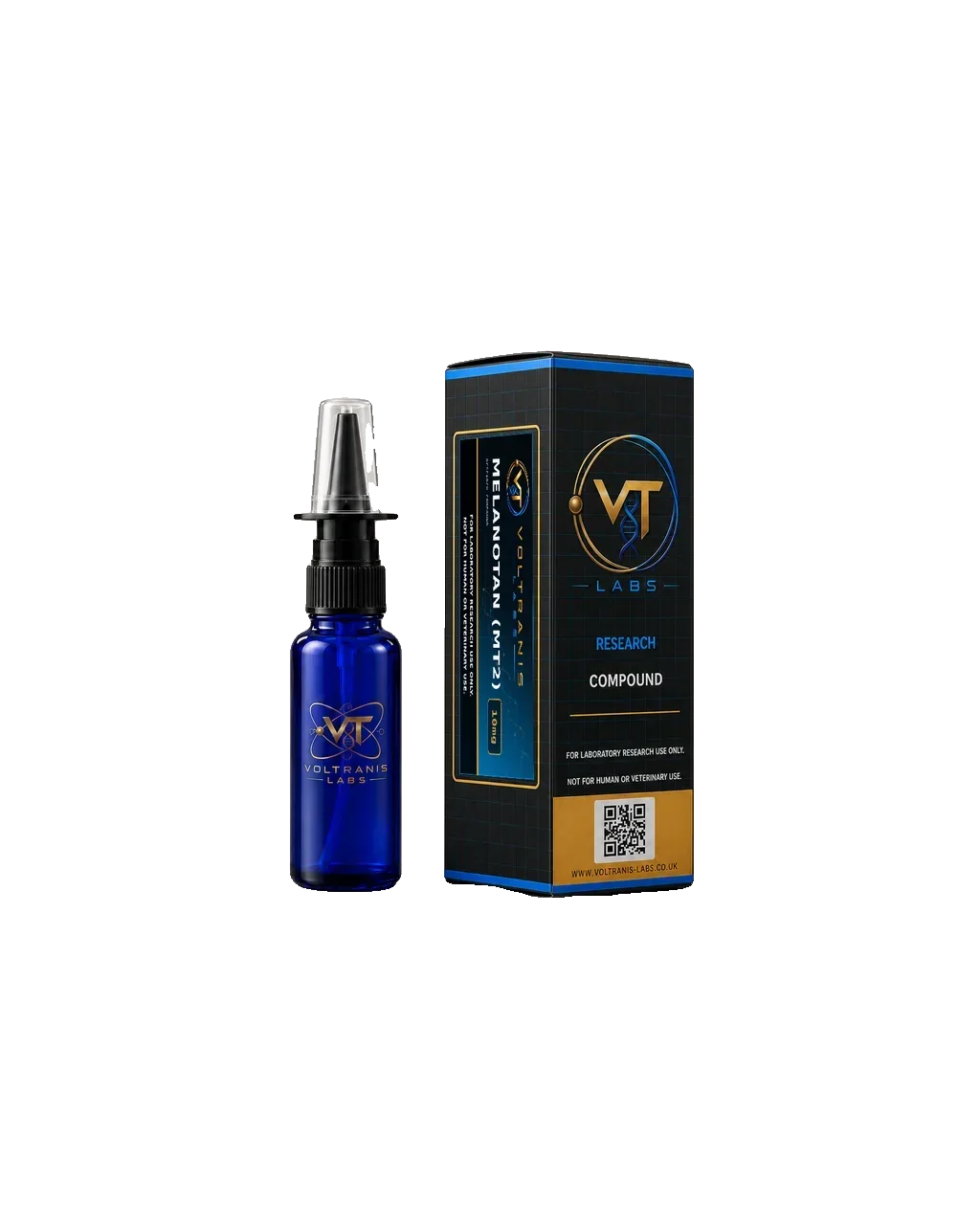 Melanotan (MT2) 10mg — labelled nasal spray bottle and carton, product photograph