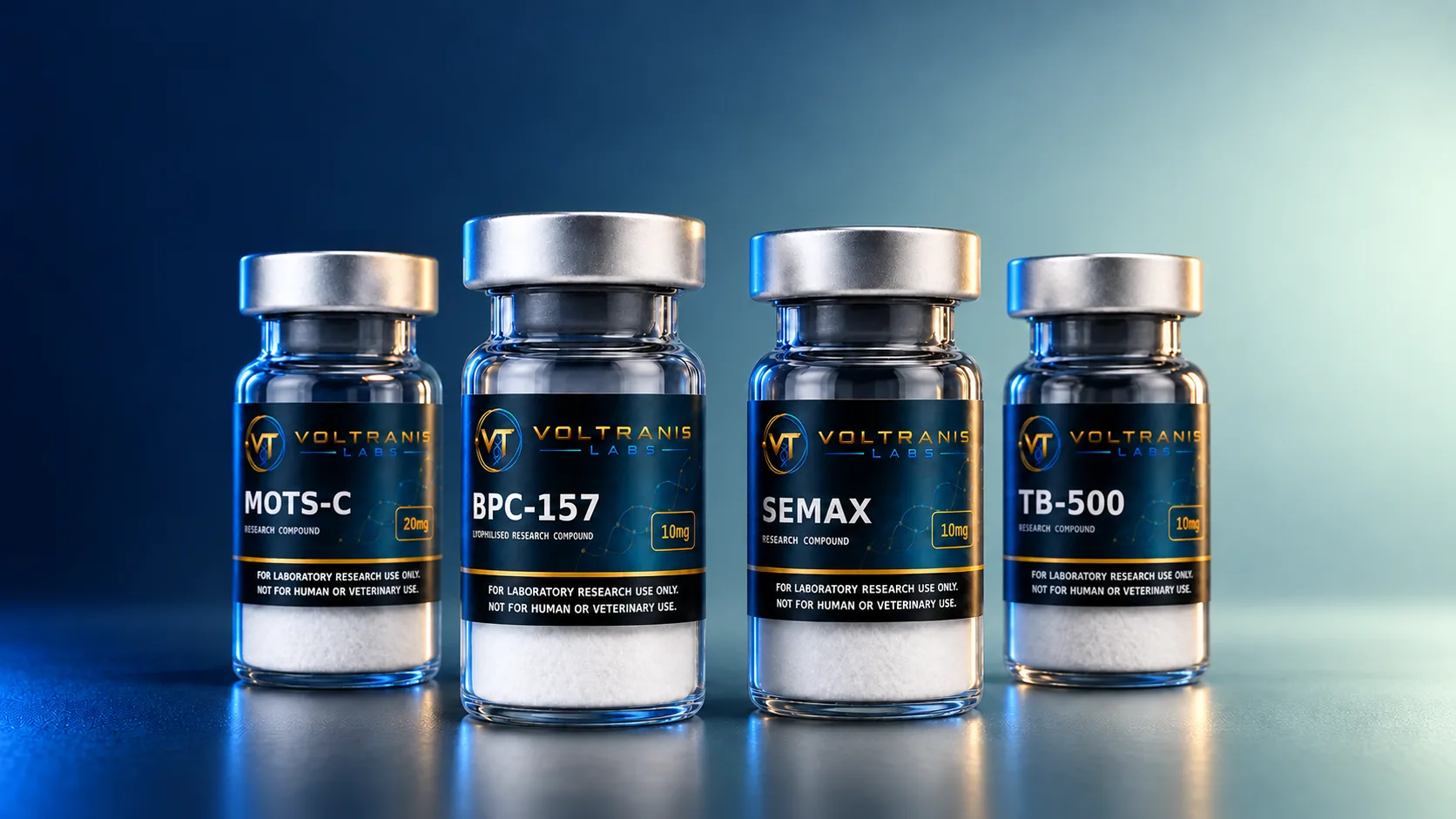 Four labelled Voltranis Labs research vials in a row against a dark studio ground: MOTS-C, BPC-157, Semax and TB-500.