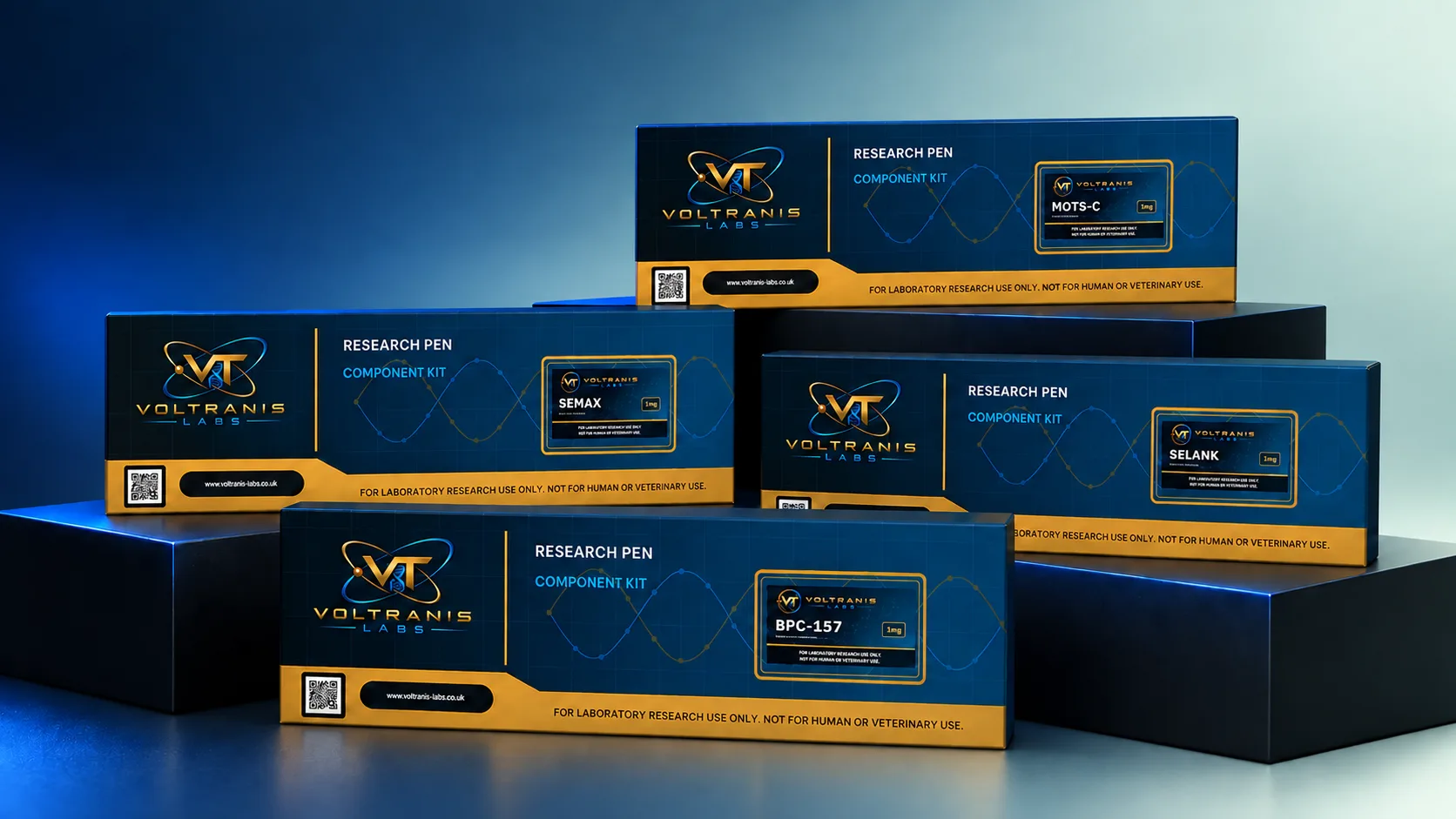 Boxed Voltranis Labs research pen component kits arranged on dark plinths, labelled MOTS-C, Semax, Selank and BPC-157.