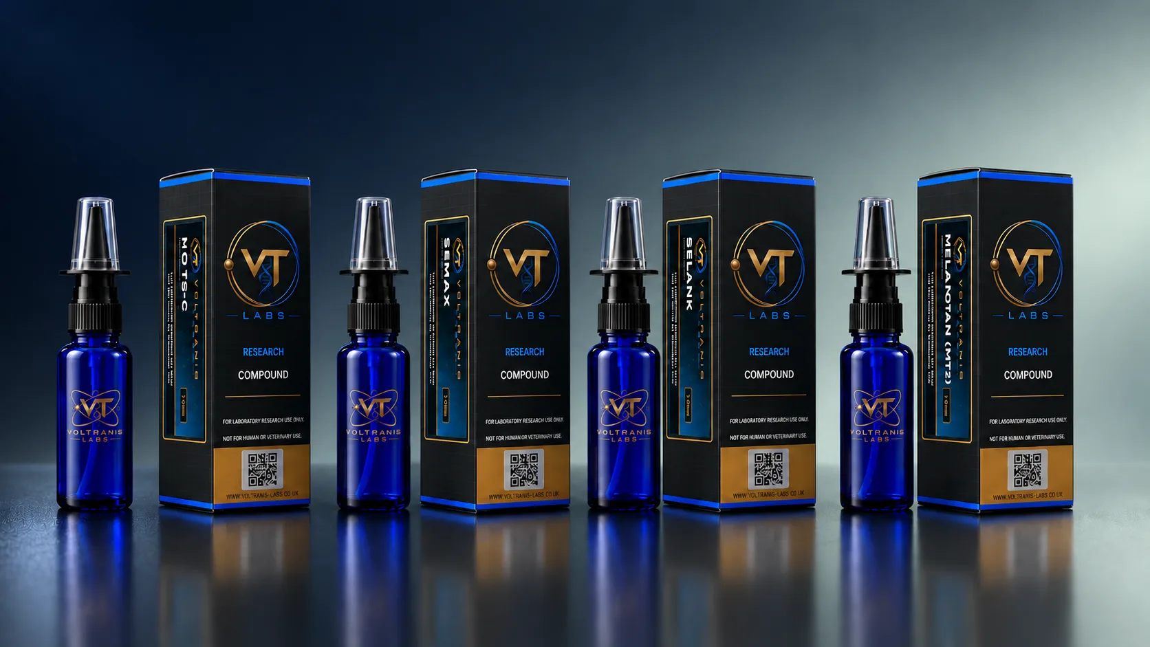 A row of Voltranis Labs nasal spray bottles standing beside their cartons against a dark studio ground.