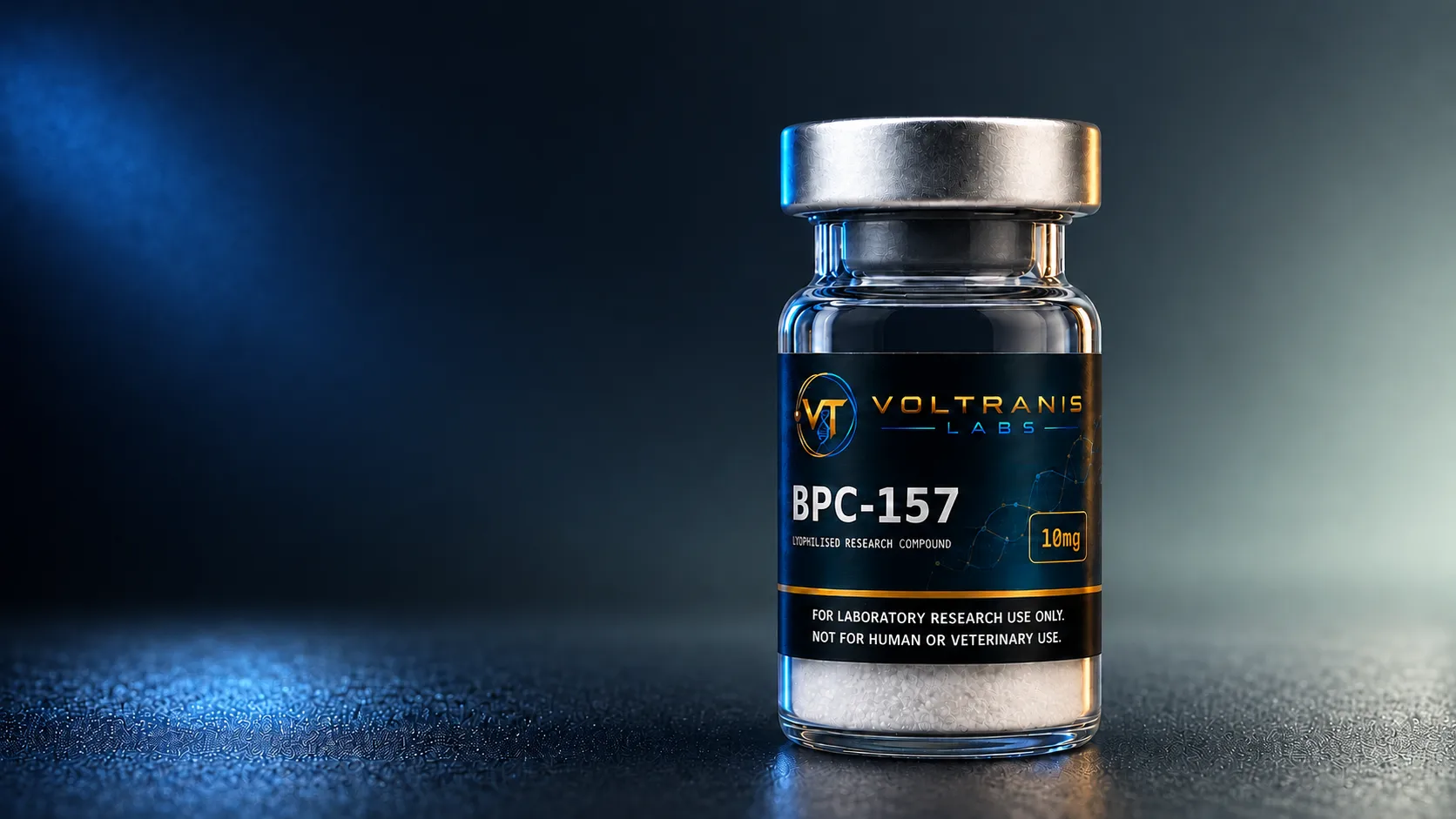 A single labelled BPC-157 research vial, photographed in close-up against a dark studio ground.