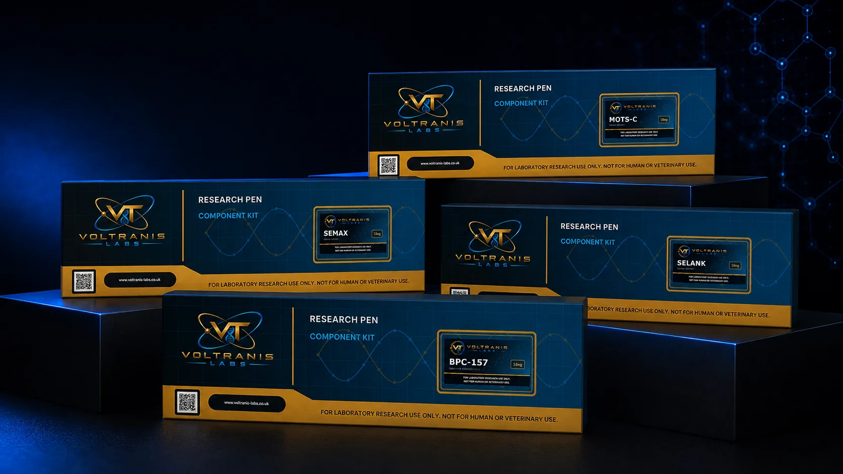 Boxed Voltranis Labs research pen component kits arranged on dark plinths, labelled MOTS-C, Semax, Selank and BPC-157.