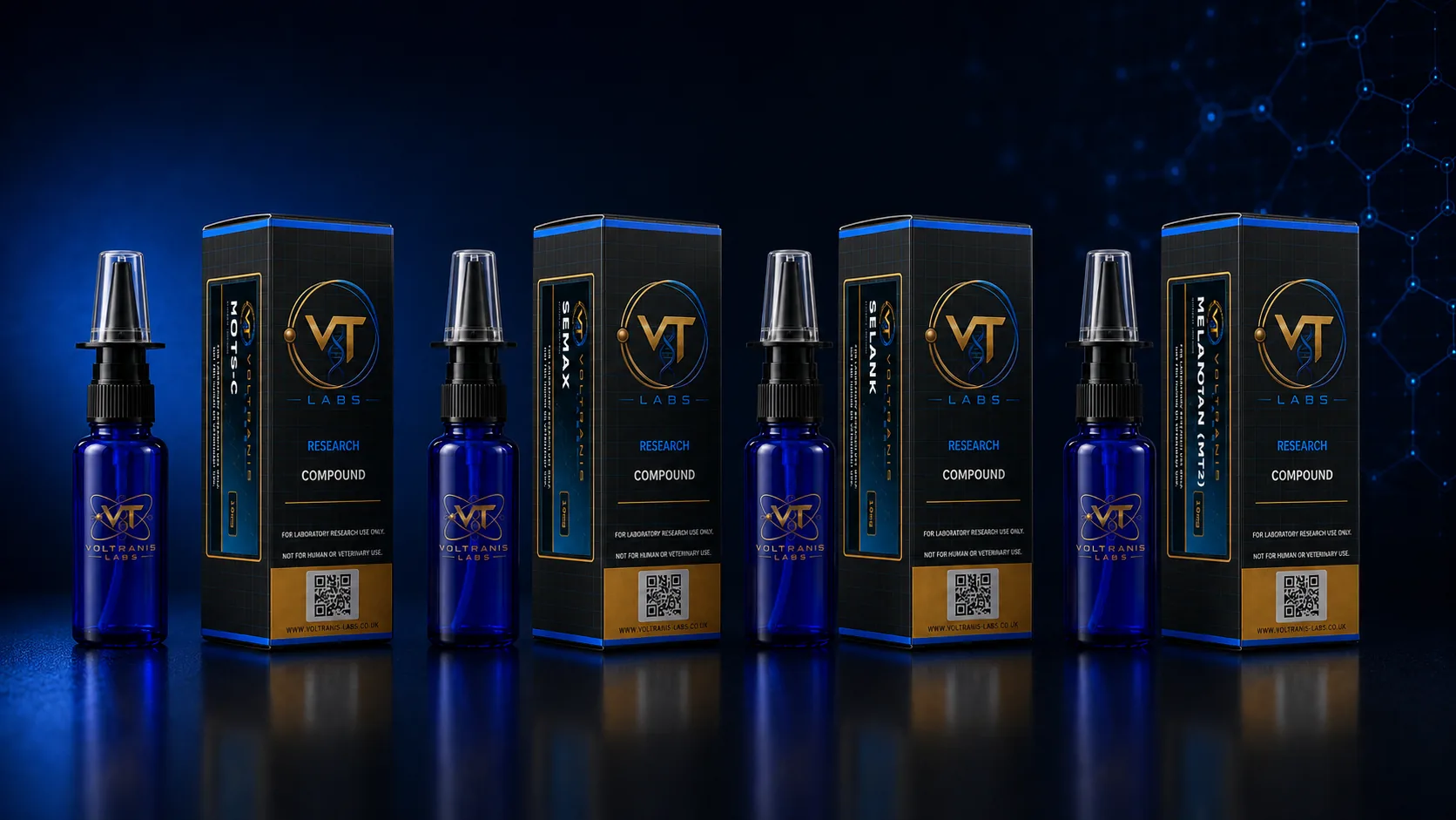 A row of Voltranis Labs nasal spray bottles standing beside their cartons against a dark studio ground.