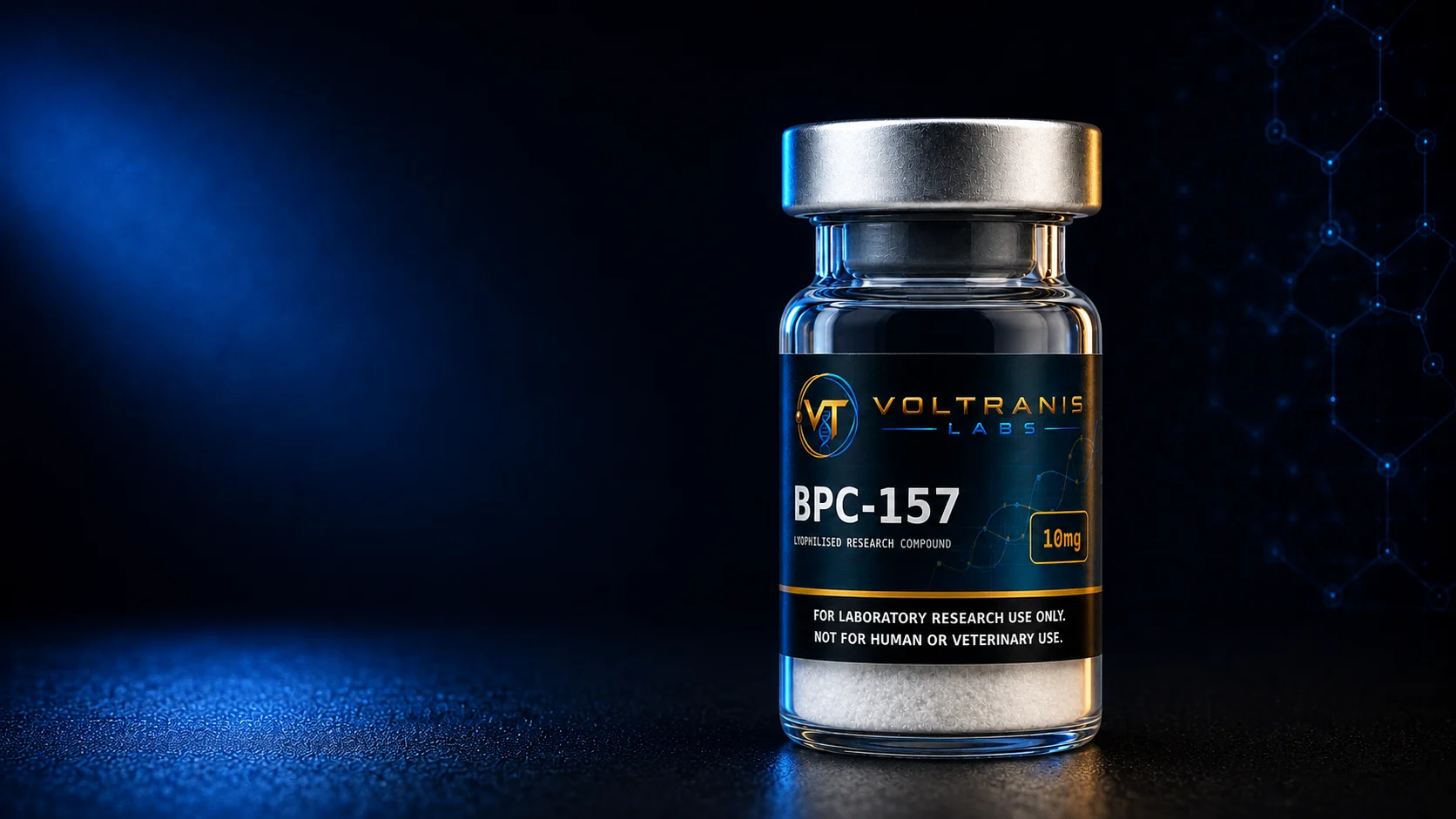 A single labelled BPC-157 research vial, photographed in close-up against a dark studio ground.