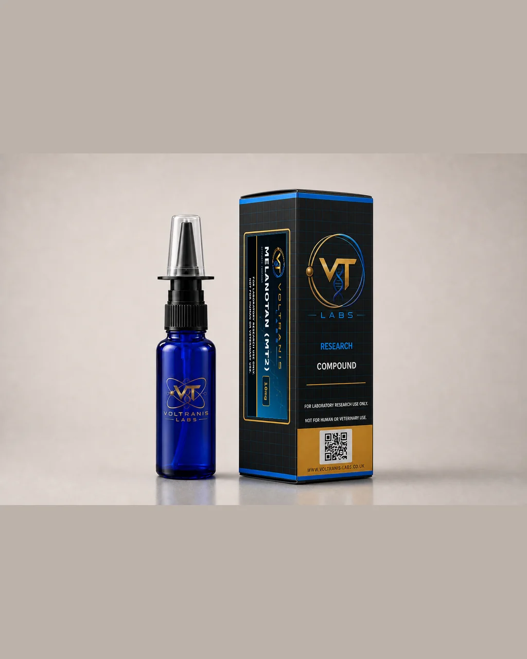 Melanotan (MT2) 10mg — labelled nasal spray bottle and carton, product photograph